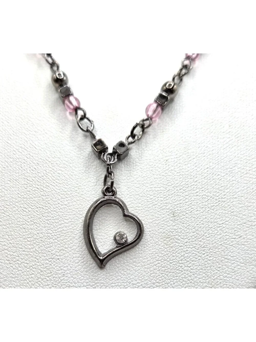 Heart Pendant Necklace With Pink Beads & Metal Chain